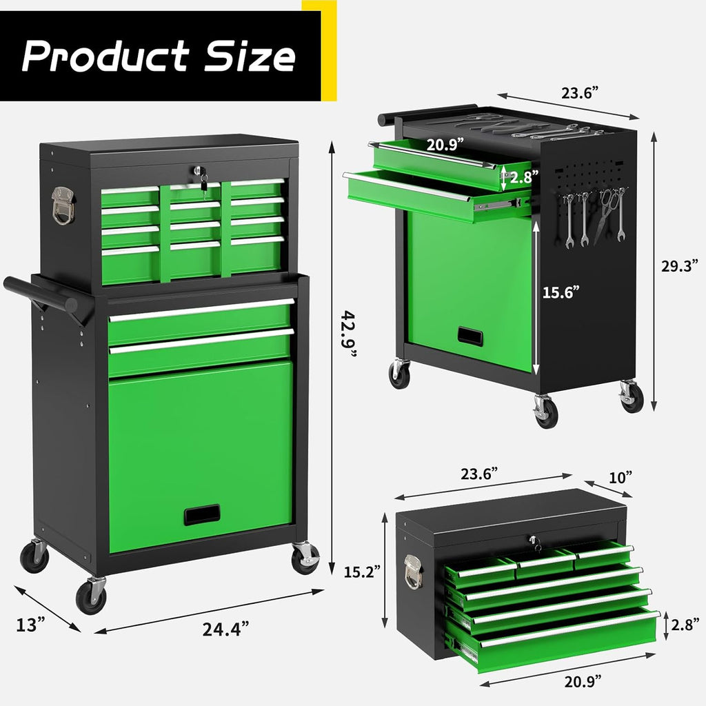 On Shine 8 Drawer Rolling Tool Chest, Large Capacity Rolling Tool Box with Wheels, Locking Mechanical Tool Chest, Portable Tool Box with Sliding Drawers for Garage Workshop and Tool Room （Black Green）