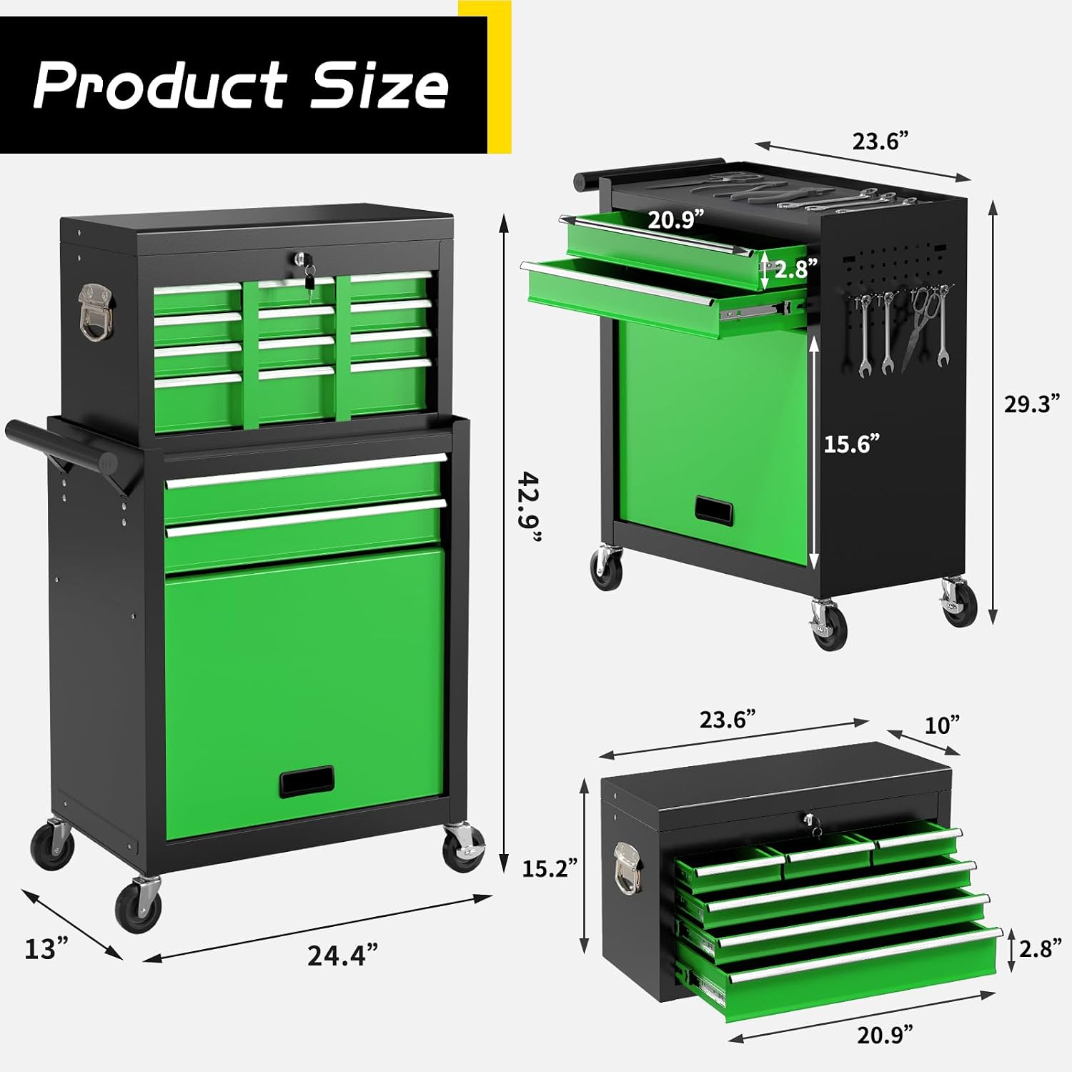 On Shine 8 Drawer Rolling Tool Chest, Large Capacity Rolling Tool Box with Wheels, Locking Mechanical Tool Chest, Portable Tool Box with Sliding Drawers for Garage Workshop and Tool Room （Black Green）