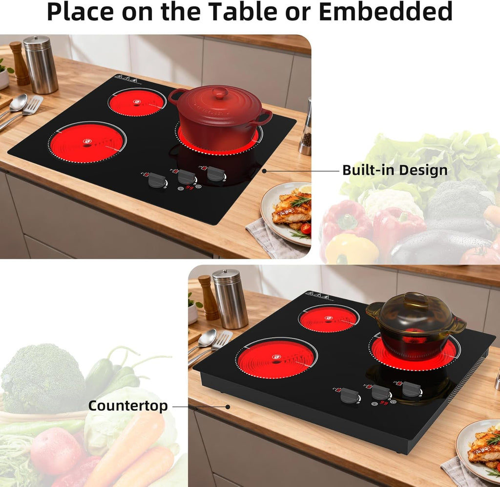 VBGK Electric Cooktop,24 inch 220V Stove Top,Touch and Knob Control,LED,9 Power Levels, Kids Lock &Timer,Overheat Protection,5000W 3 burner electric cooktop.