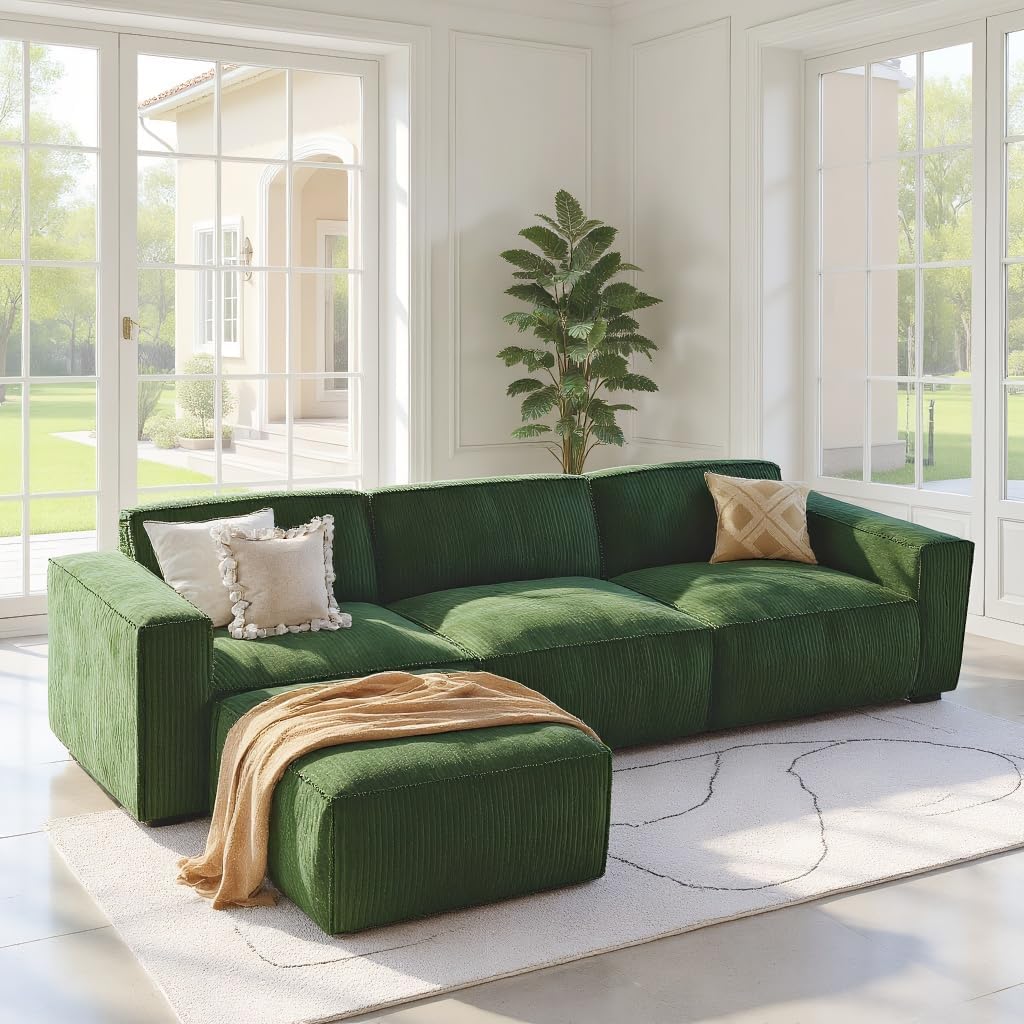 Amada 110' Cloud Sectional Couch with L-Shape Chaise&Movable Ottoman,Modern Modular Sofa with Deep Seat, Boneless Sofa,Couches for Living Room Bedroom,No Assembly Required, Green(Corduroy Fabric)
