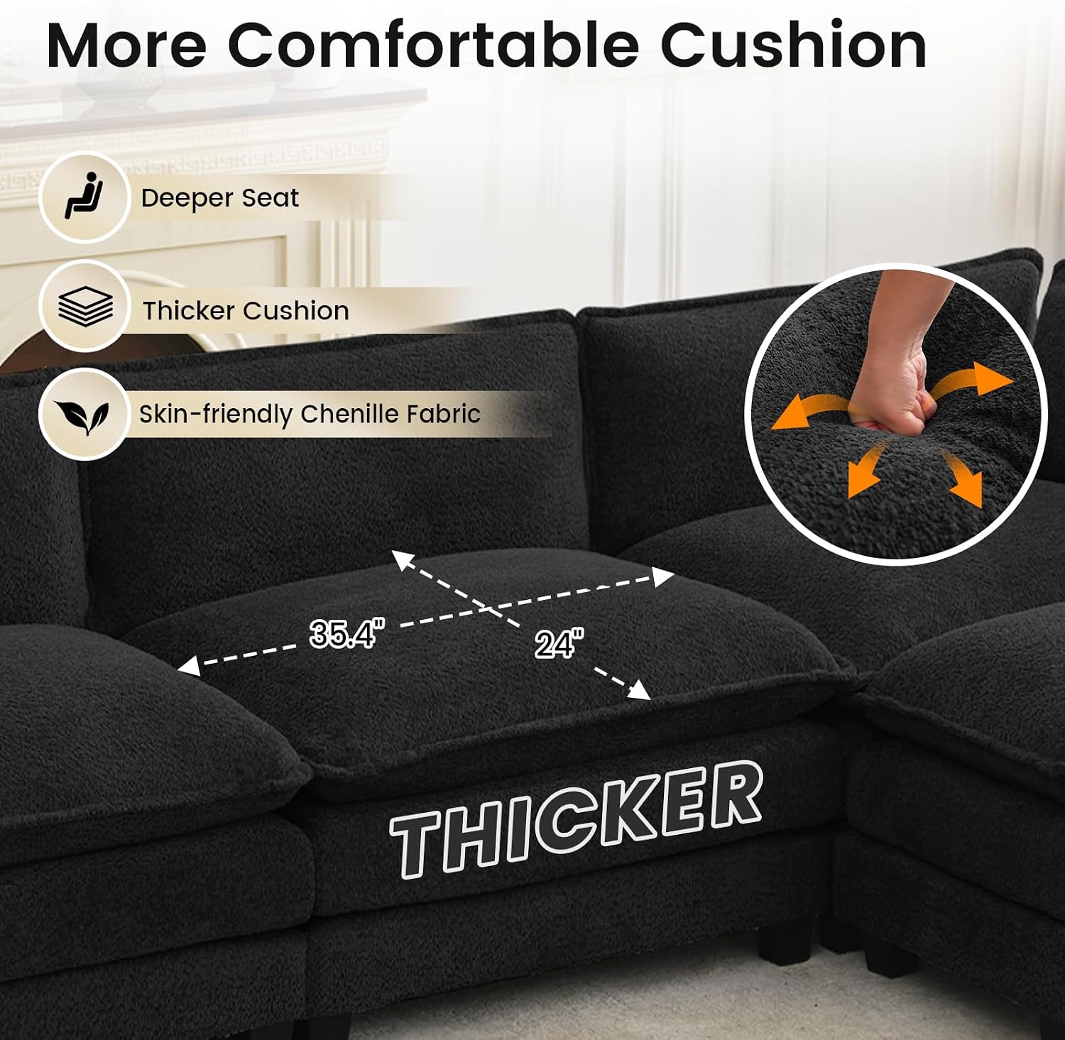 ROWHY Oversized Modular Sectional Couch with Movable Ottoman, 112' Modern Convertible L Shaped Sofa Set, 4 Seat Comfy Cloud Couch with 2 Throw Pillows, for Living Room and Office, Chenille, Black
