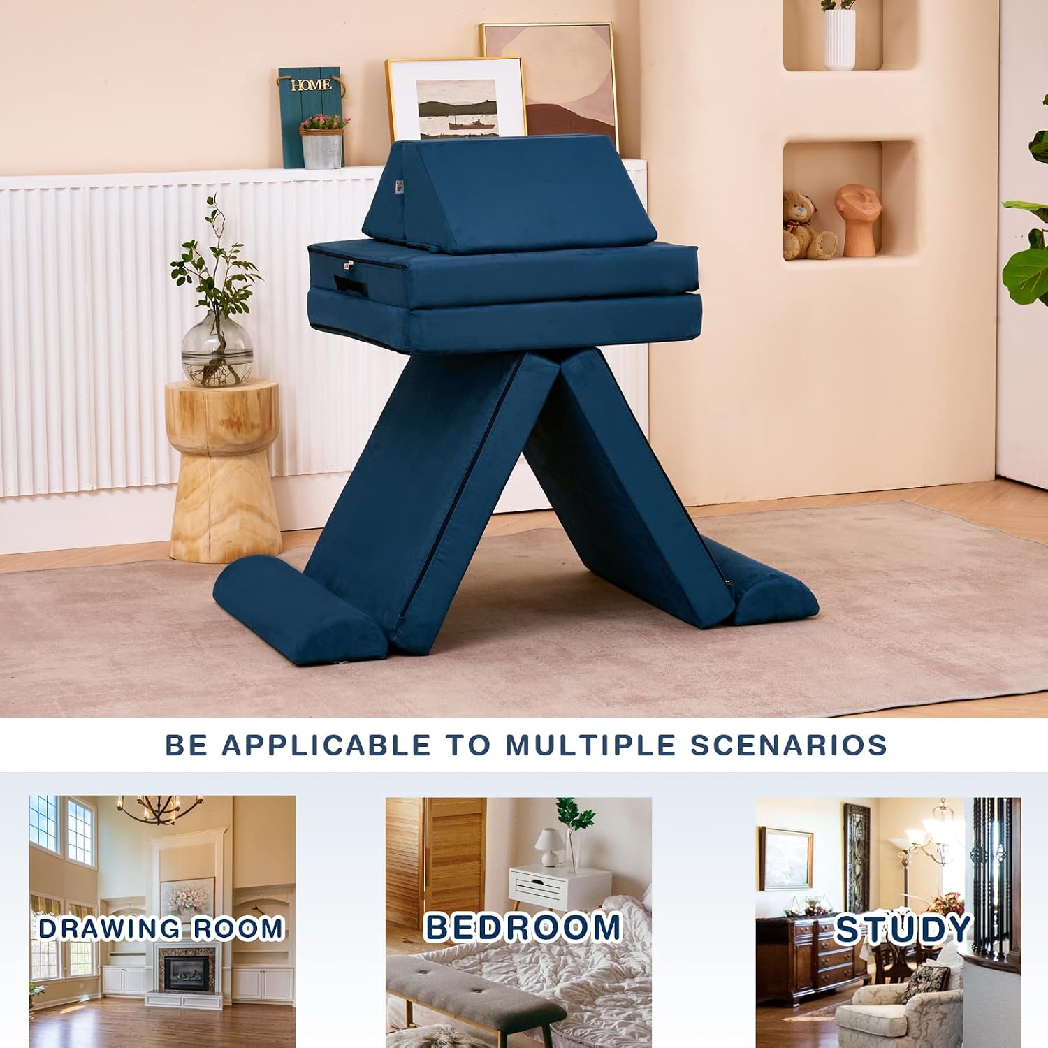 jela Kids Couch Safety Certified Play Couch Soft Kids Sofa with Machine Washable Cover Thick Foam Fort Building Set for Playroom Indoor (57'x28'x18', Navy Blue)