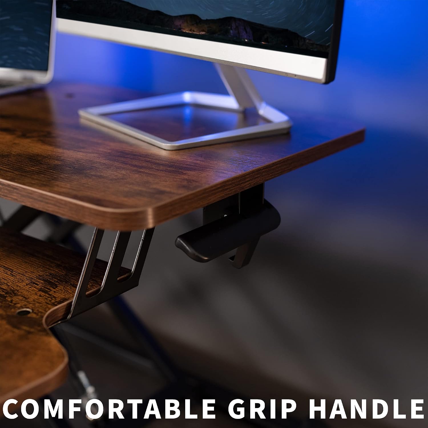 VIVO 32 inch Desk Converter, K Series, Height Adjustable Sit to Stand Riser, Dual Monitor and Laptop Workstation with Wide Keyboard Tray, Vintage Brown Top, Black Frame, DESK-V000KN