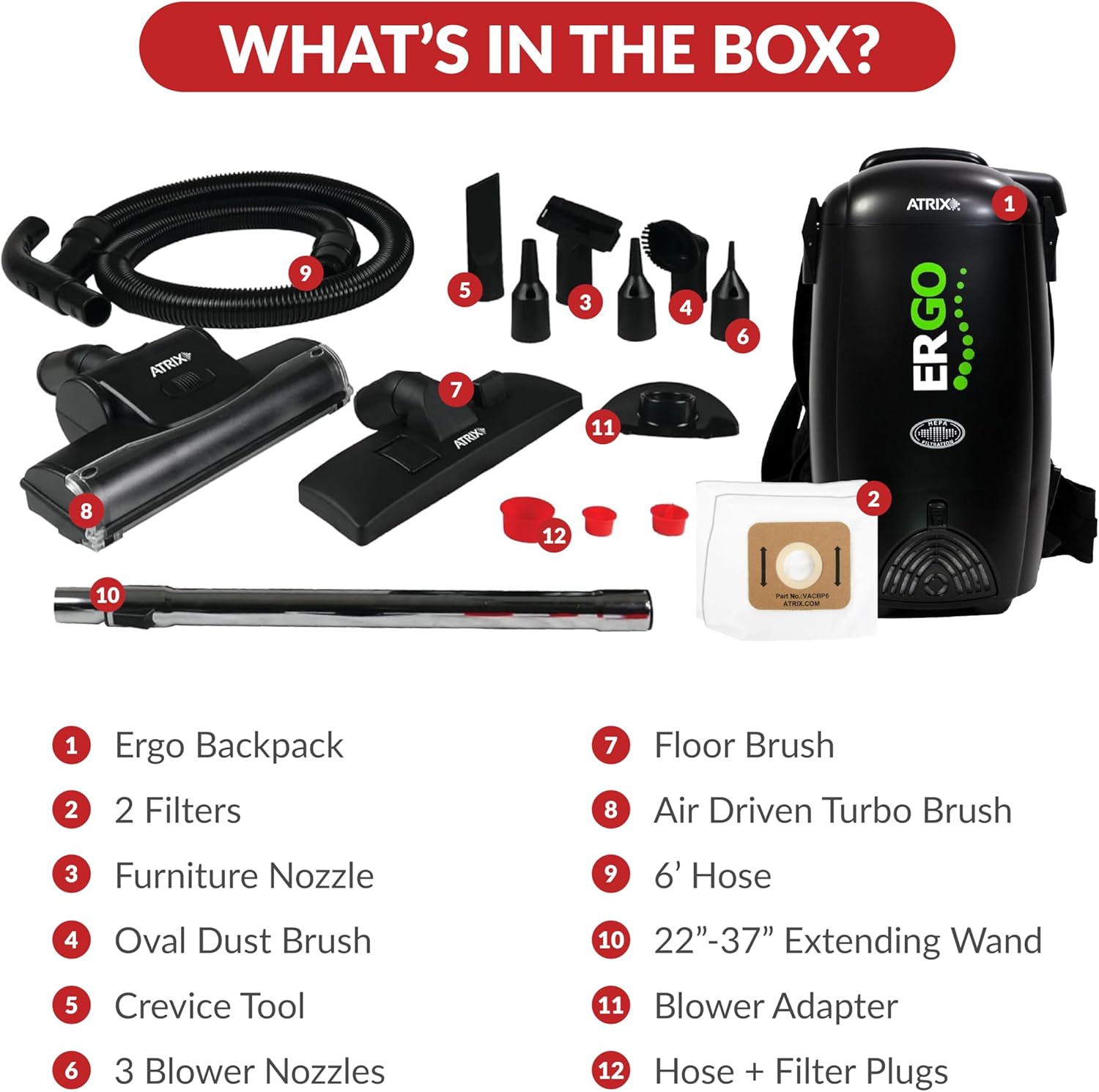 Atrix Ergo Backpack Canister Vacuum, Portable Cleaner with Attachments for Professional and Residential Use, VACBP1 Standard Bundle