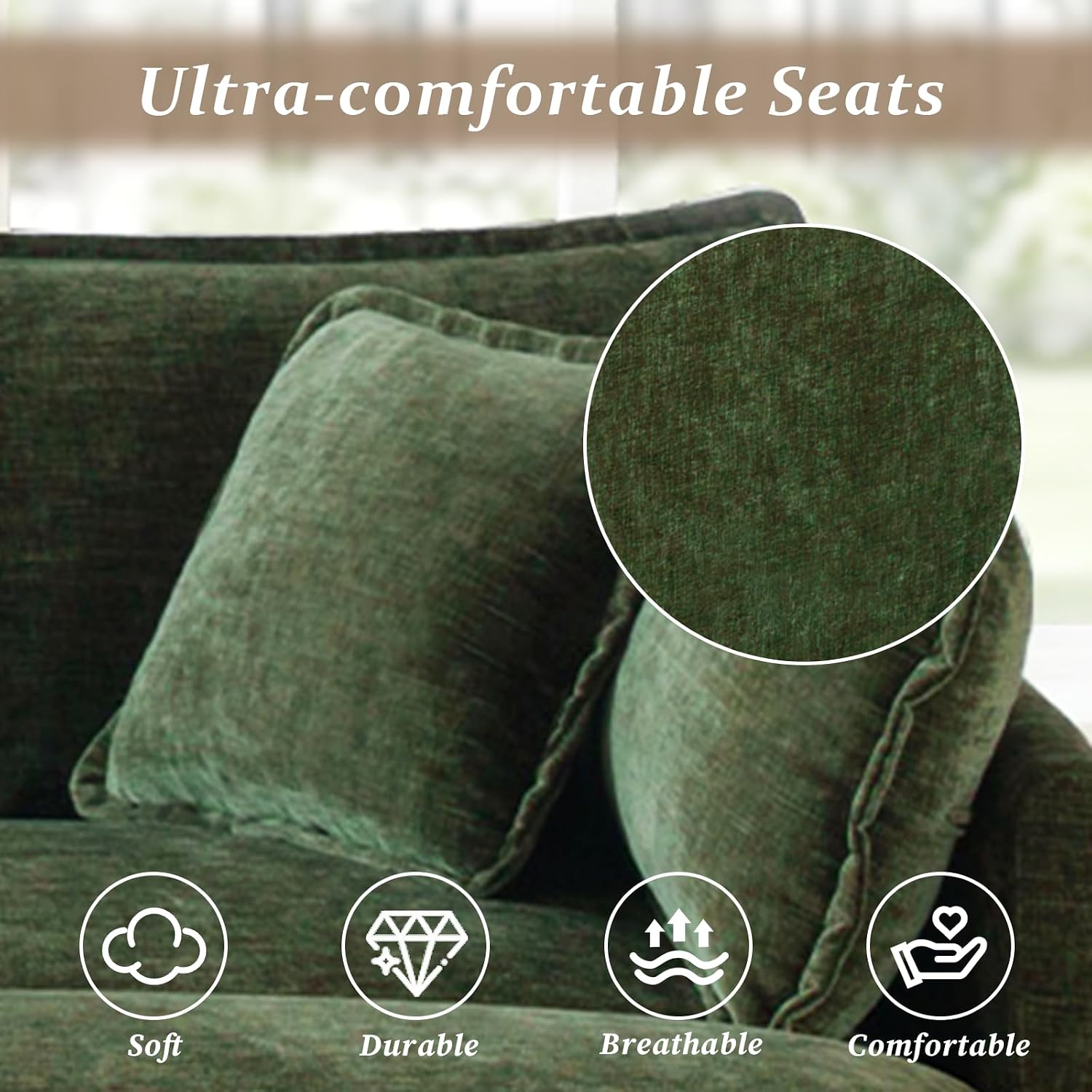 SoarFlash Chenille Sectional Sofa, Comfy L Shaped Modular Coush Sofa with Ottoman, Modern 2 Seat Couch Deep Seat Sofa Set for Living Room,Green
