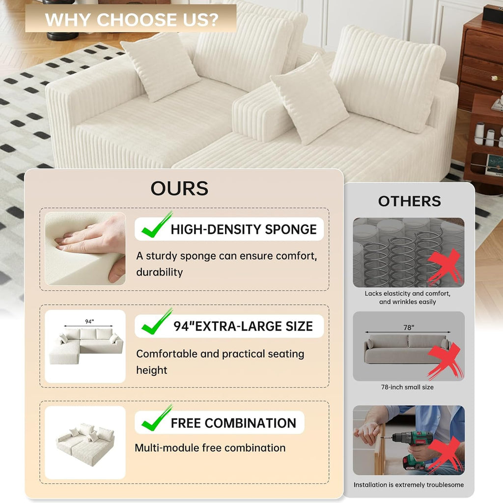 96' Modular Sectional Cloud Couch for Living Room Deep Seat L Shapes Boneless Couch with Oversized Chaise Lounge, Comfy Memory Foam Flannel Fabric Sofa for Bedroom Apartment, No Assembly Required
