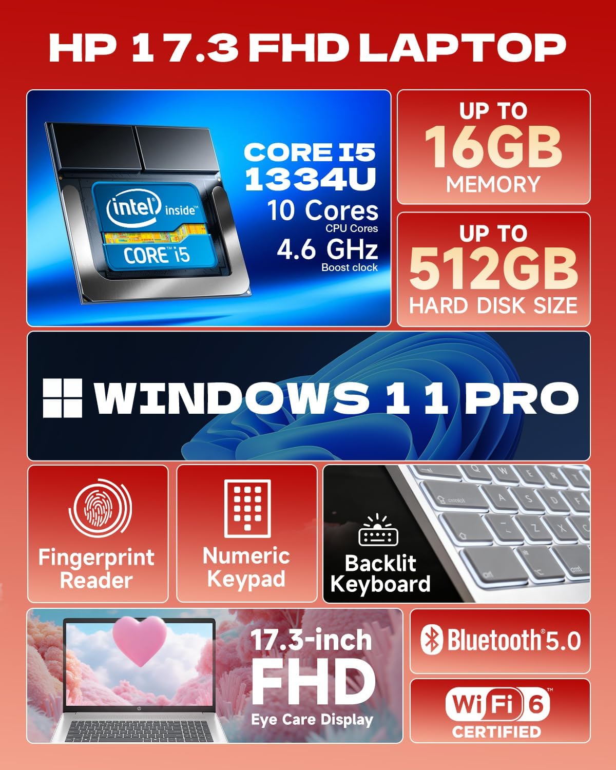 HP 2026 17.3 Flagship Laptop Computer for Business - Intel 10-Core i5 1334U(Beat i7 1355U), 16GB RAM, 512GB SSD, FHD(1920x1080), Windows 11 Pro, Backlit KB, Fingerprint, Office 365 for The Web