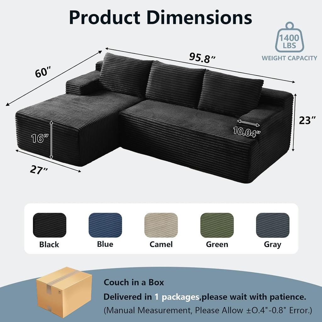 96' Cloud Sectional Couch with L-Shape Chaise, Modern Corduroy Boneless Couch for Living Room,Memory Foam Sofa with Deep Seat,No Assembly Required (Black,Left-Facing Chaise)