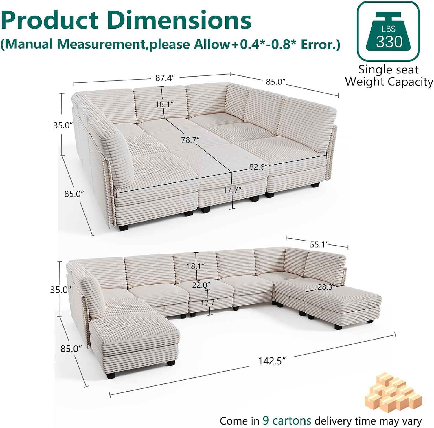 Modular Sectional Sofa with Adjustable Backrest, Large Convertible L/U-Shaped Sleeper Couch for Living Room, Cloud Sofa Bed Modern Reversible Design, Beige