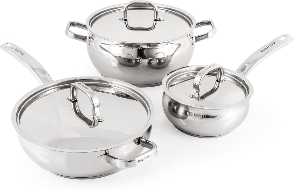 BergHOFF Belly Shape 18/10 Stainless Steel 12Pc Cookware Set, Metal Lids, Fast, Evenly Heat, Induction Cooktop Ready