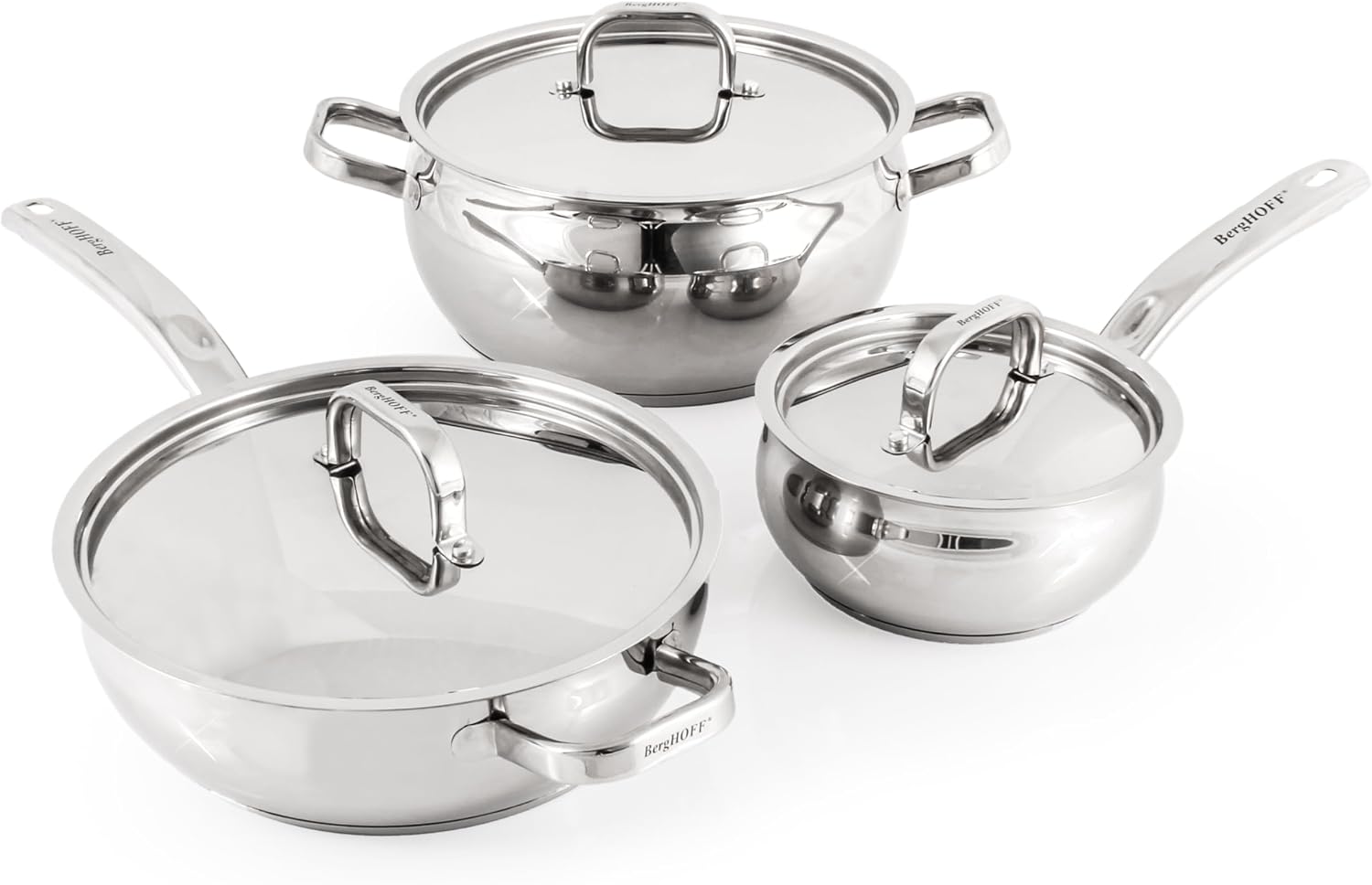 BergHOFF Belly Shape 18/10 Stainless Steel 12Pc Cookware Set, Metal Lids, Fast, Evenly Heat, Induction Cooktop Ready