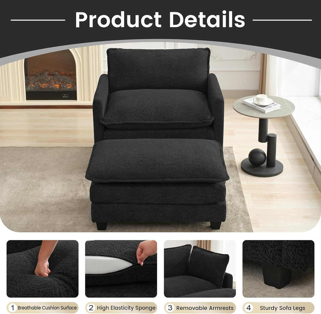 ROWHY Convertible Sectional Couch with Ottoman, Single Armchair with armrests, Modern Living Room Furniture Set, Small Couches for Small Spaces, for Living Room, Chenille, Black