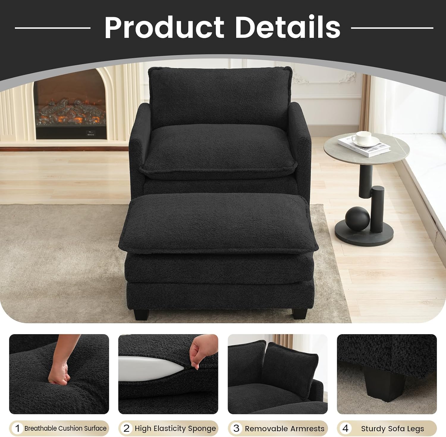 ROWHY Convertible Sectional Couch with Ottoman, Single Armchair with armrests, Modern Living Room Furniture Set, Small Couches for Small Spaces, for Living Room, Chenille, Black