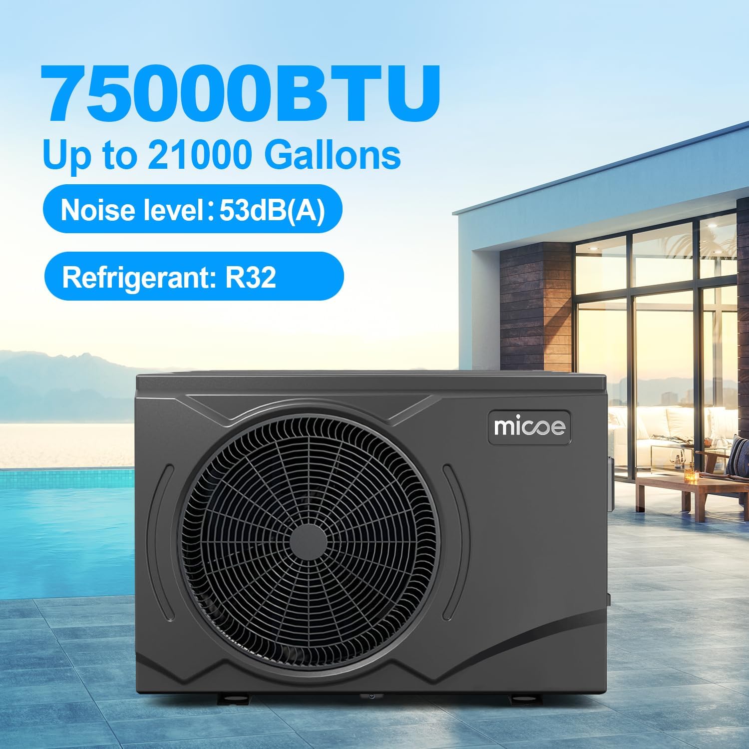 MICOE 75,000 BTU Smart Swimming Pool Heat Pump, Electric Pool Heater for 21,000 Gallons Above Ground & Inground Pools, App-Controlled Heating & Cooling, 220–240V