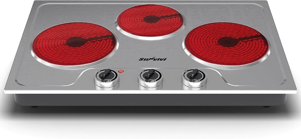 Sunvivi 1800W Triple Burner Portable Electric Ceramic Stove – Knob Control, Indicator Light, Compatible with All Cookware, Ideal for Multiple Cooking Scenarios, Silver