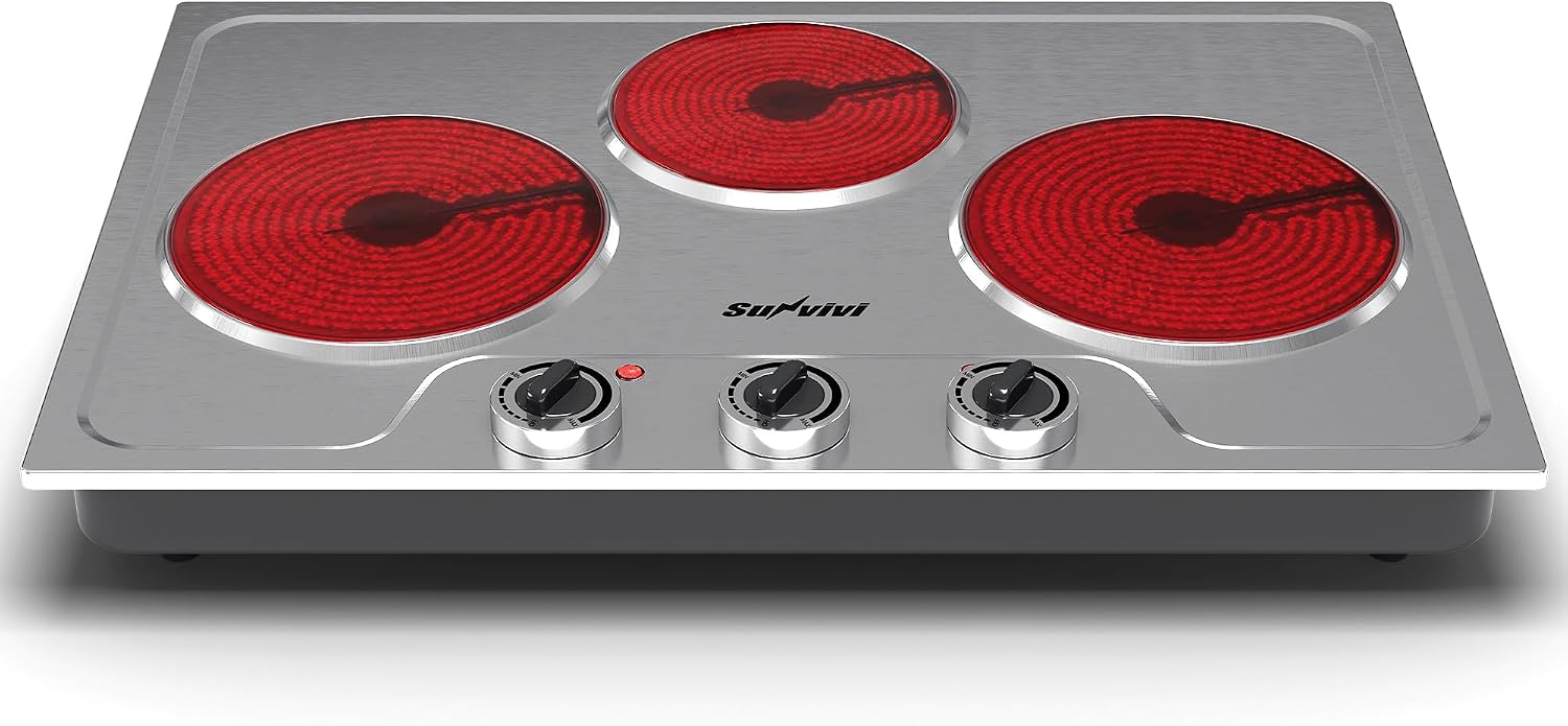 Sunvivi 1800W Triple Burner Portable Electric Ceramic Stove – Knob Control, Indicator Light, Compatible with All Cookware, Ideal for Multiple Cooking Scenarios, Silver