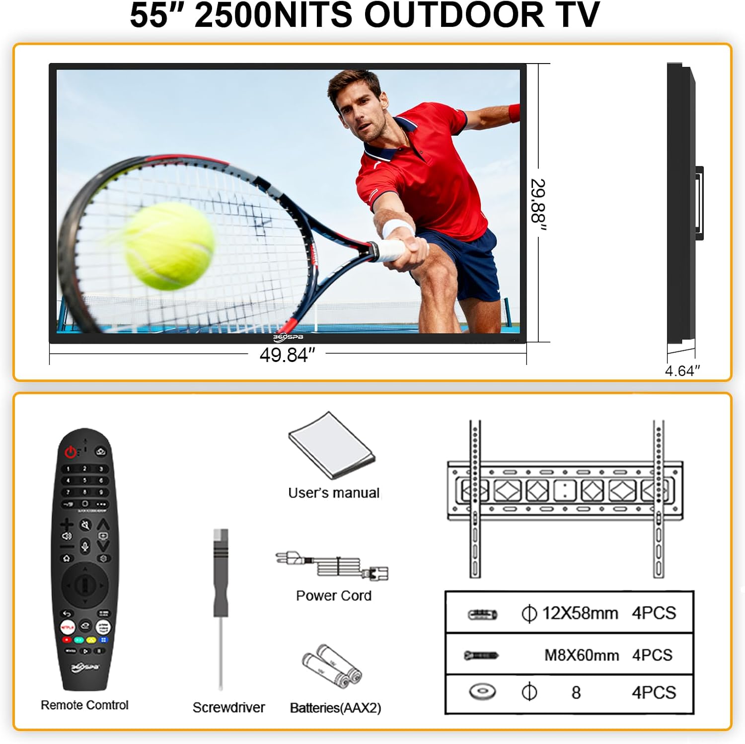 Outdoor TV, 55Inch 4K Outdoor Smart TV, 2500nits High Brightness Outdoor TVs, IP65 Waterproof TV, Voice Assistant Remote, Compatible with Dolby, Wide Viewing Angle Smart TV