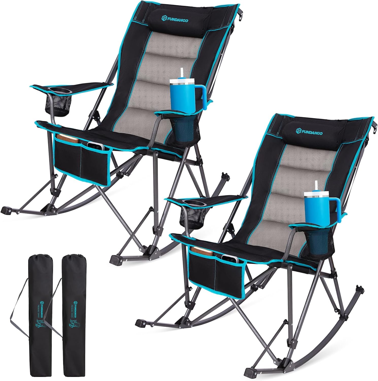 FUNDANGO Oversized Rocking Camping Chair for Adults, 2 Pack High Back Padded Folding Lawn Chairs with Pillows, Wide Armrest, 2 Cup Holders, Carry Bag for Patio Garden Outdoor Supports 440Lbs