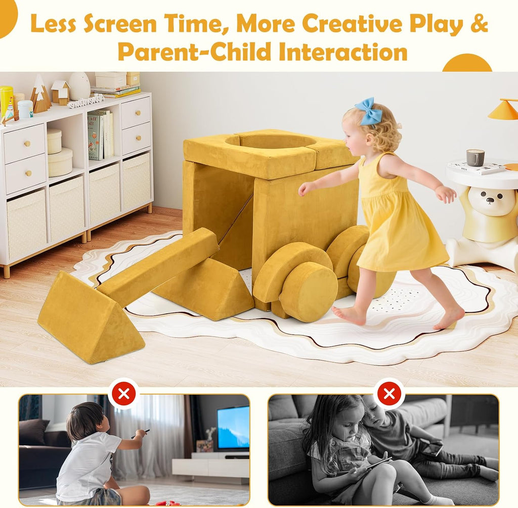 Costzon 14 PCS Modular Kids Play Couch, Child Sectional Sofa, Versatile Toddler Soft Building Blocks Sofa Playset for Playroom Bedroom, Convertible Foam and Floor Cushion for Boys Girls Gifts (Yellow)