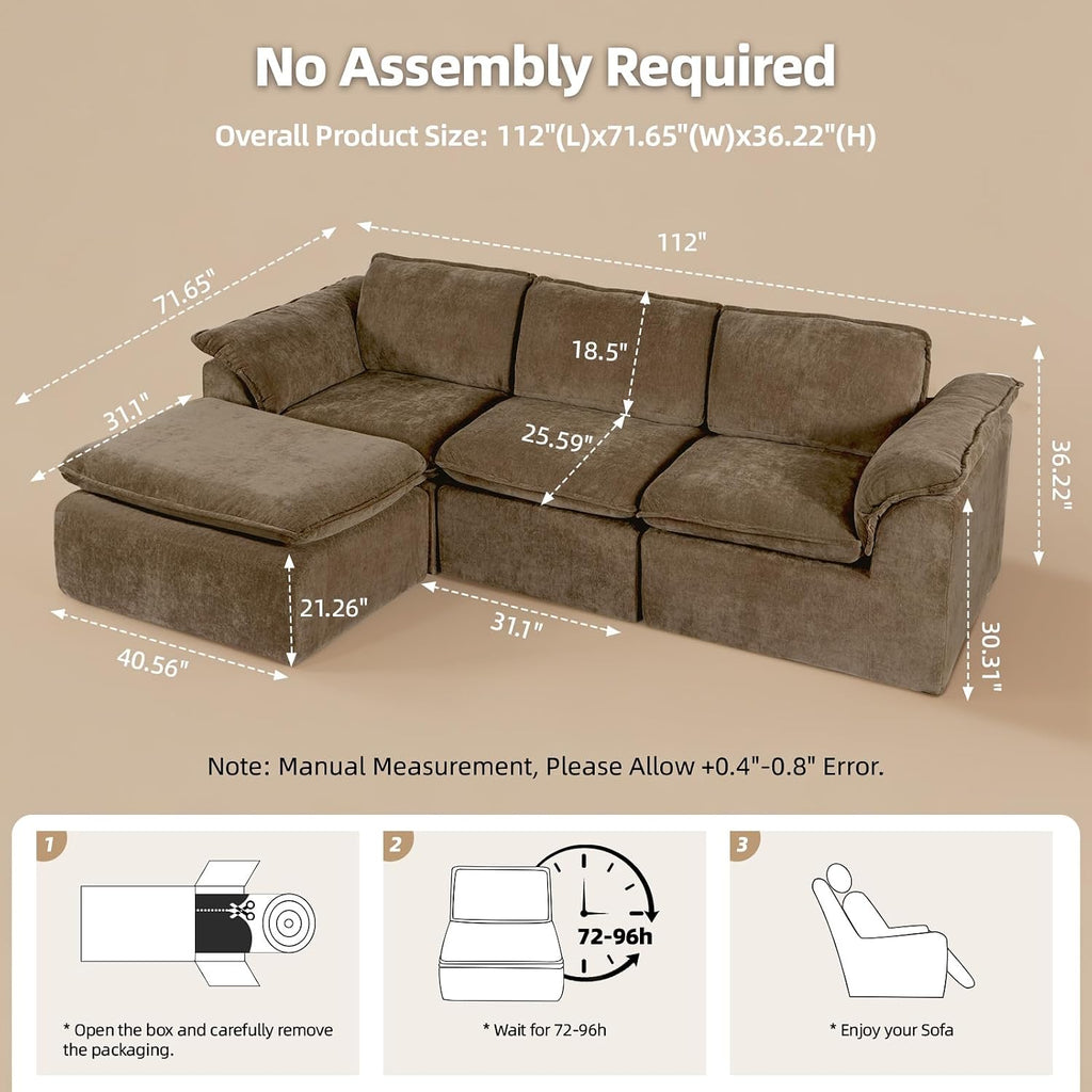 HALLYBEE 112' Cloud Couch Sectional with Padded Armrests & Moveable Ottoman Boneless Sectional Couches for Living Room Brown Couch, No Assembly Required