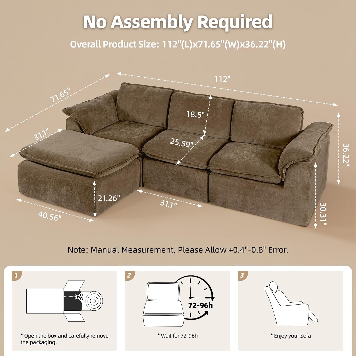 HALLYBEE 112' Cloud Couch Sectional with Padded Armrests & Moveable Ottoman Boneless Sectional Couches for Living Room Brown Couch, No Assembly Required