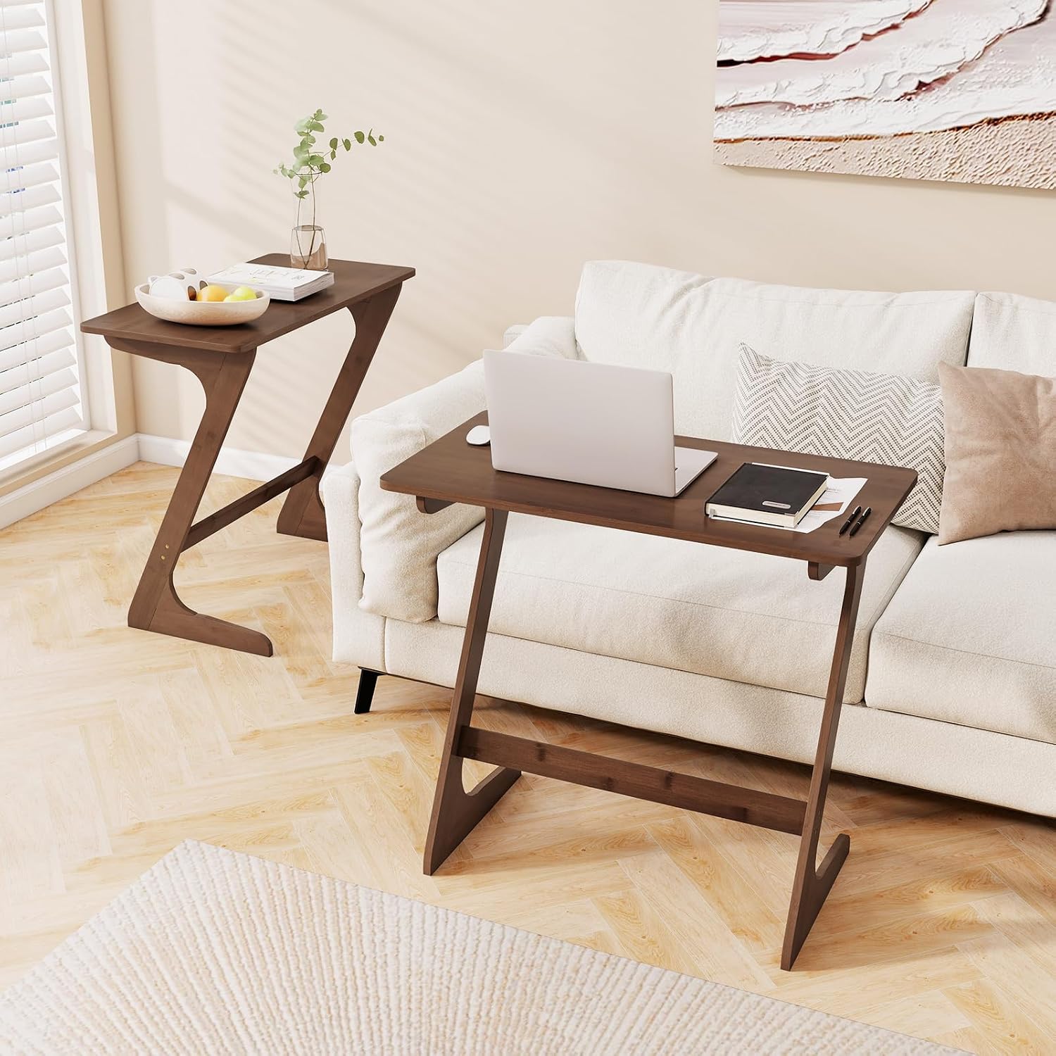 Giantex Bamboo TV Tray Table Set of 2, Z Shaped Sofa Couch Side Table for Eating Snacks Coffee Laptop, Modern TV Dinner Tables for Small Spaces, Small End Table for Living Room Bedroom, Walnut