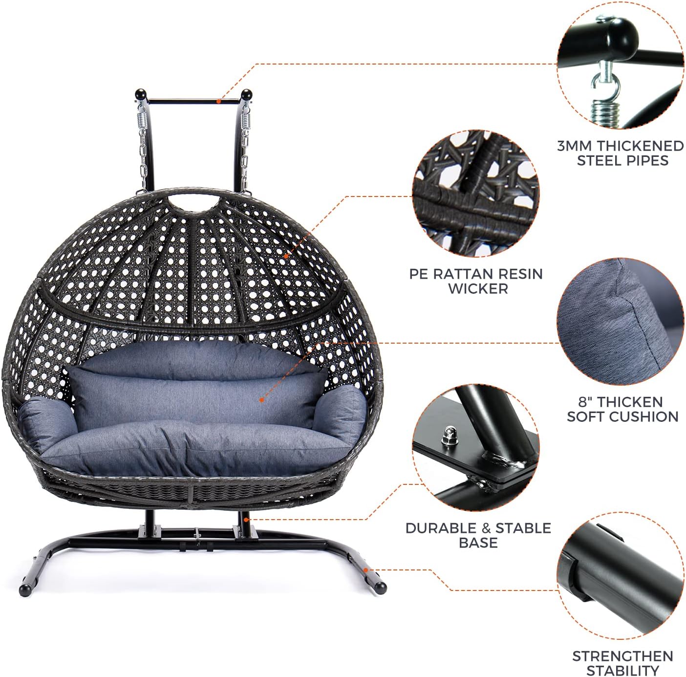 Qwork 2-Person Hanging Egg Chair with Stand, Wicker Rattan Hanging Swing Chair, Hammock Swing Chair UV Resistant Cushion with Stand for Indoor Bedroom Outdoor Garden Backyard
