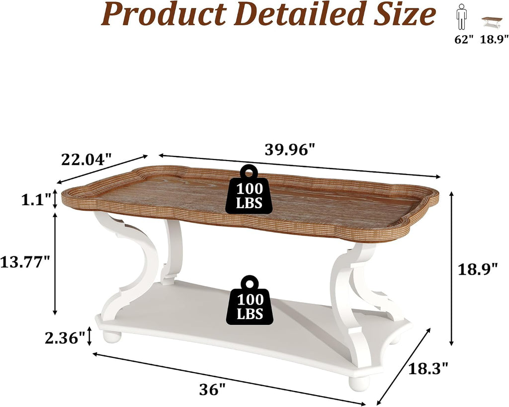 Function Home Farmhouse Coffee Table, 2-Tier Center Table with Storage Shelf, 39.8' French Country Rectangle Accent Table with Natural Tray Top and Curved Legs for Living Room Balcony, Vintage White