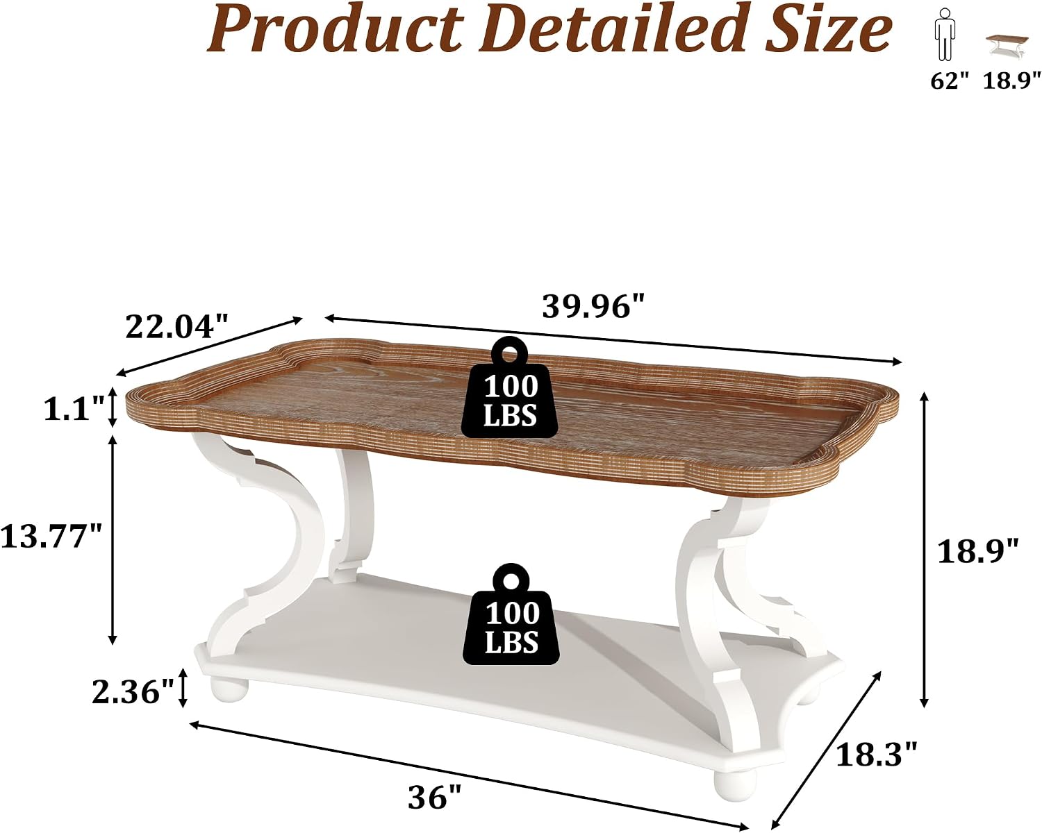 Function Home Farmhouse Coffee Table, 2-Tier Center Table with Storage Shelf, 39.8' French Country Rectangle Accent Table with Natural Tray Top and Curved Legs for Living Room Balcony, Vintage White