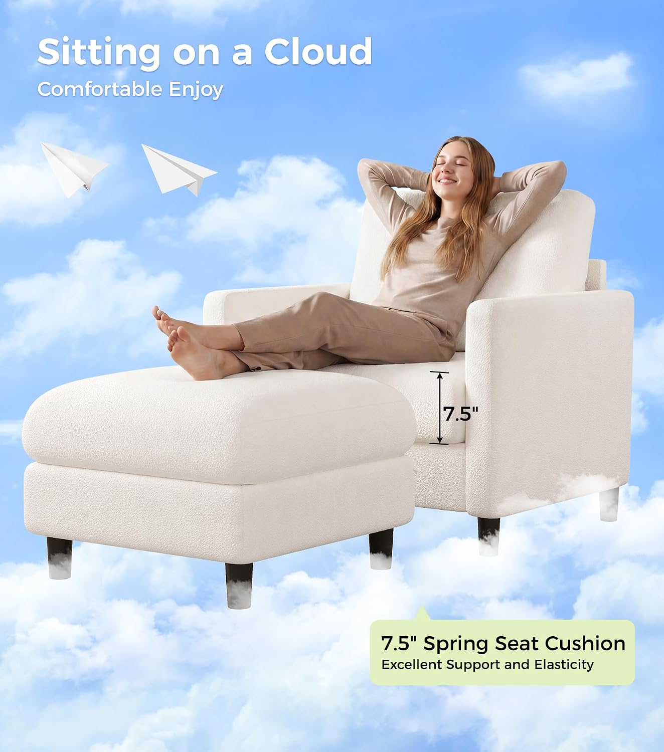 Welzona Sofa Accent Chair with Ottoman, 33' Reading Chair and Ottoman Set for Bedroom, Tool-Free Setup Living Room Accent Chairs, Comfy Arm Chairs Living Room, All-Wood Reading Nook, Beige