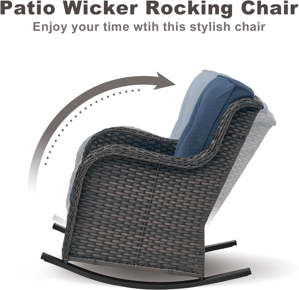 Rilyson Patio Chairs Outdoor Rocking Chair - 2 Piece Wicker Rattan Rocker Chairs Set with High Back and Deep Seating for Porch Deck Garden Backyard(Brown/Blue)