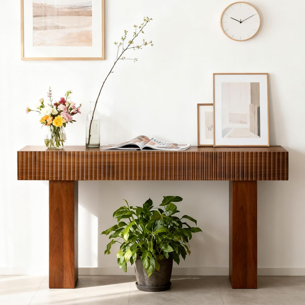 ZYBT 56' Fluted Console Table, Boho Vanity Desk Wooden Narrow Sofa Table Behind The Couch, Farmhouse Entryway Table for Entrance, Hallway,Living Room,Bedroom, Home Office,Brown