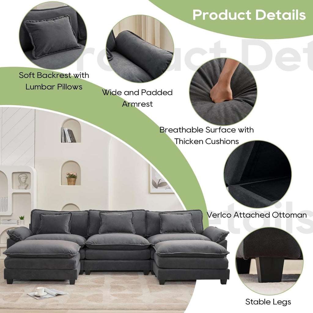 Oprisen 120' Modular Sectional Sofa, Comfy Cloud Couch Sectional Sofa with Ottoman, Chenille Sofa Sleeper Deep Seat Sofa with Throw Pillows for Living Room (Blue Gray, 120'- U Shape)