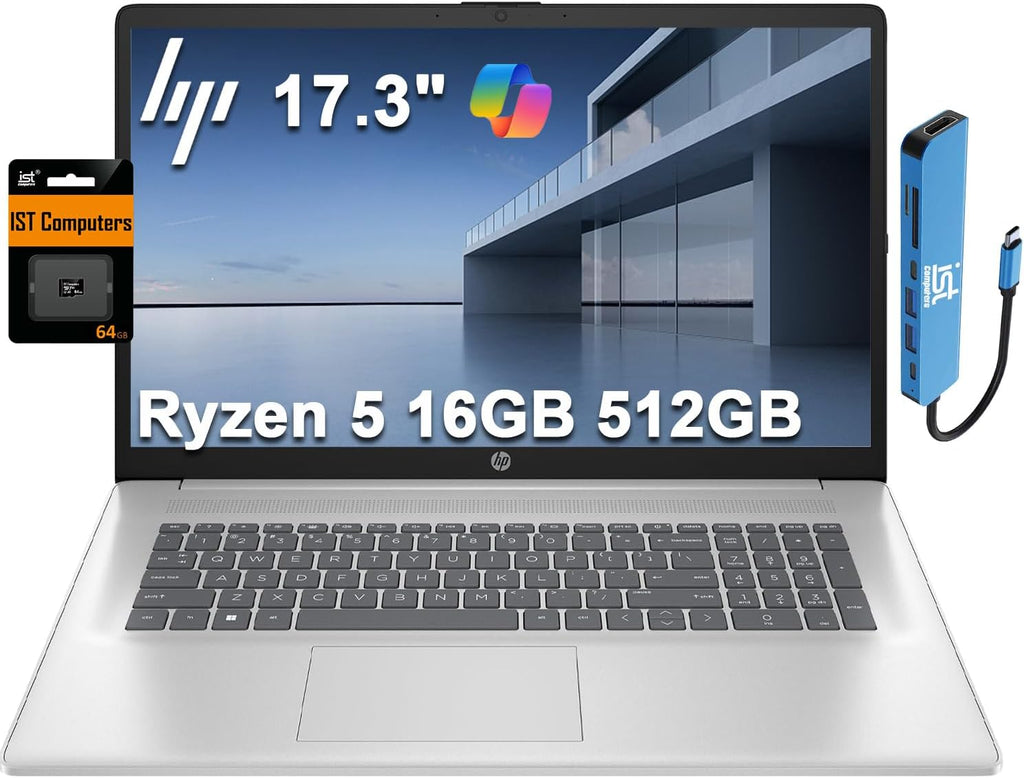 HP 17 Laptop (17.3' FHD Anti-Glare, AMD Ryzen 5 (> Intel i7-1165G7), 16GB RAM, 512GB SSD) for Business, Home, Student, Long Battery Life, Webcam, Fast Charge, HDMI, IST Hub, Win 11 Pro, Silver