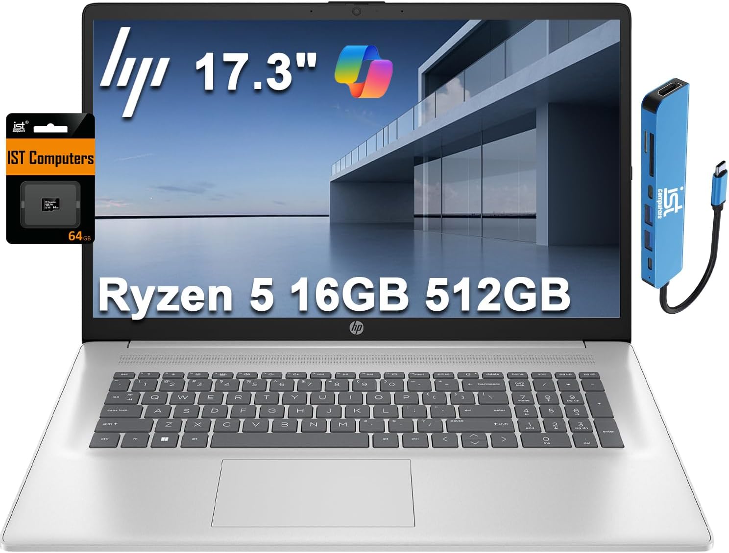 HP 17 Laptop (17.3' FHD Anti-Glare, AMD Ryzen 5 (> Intel i7-1165G7), 16GB RAM, 512GB SSD) for Business, Home, Student, Long Battery Life, Webcam, Fast Charge, HDMI, IST Hub, Win 11 Pro, Silver