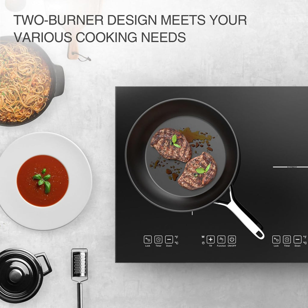 Dual Induction Cooktop, LED Sensor Touch Energy Saving Portable Induction Cooktop with Child Safety Lock and Timer 2 Burner Induction Cooktop