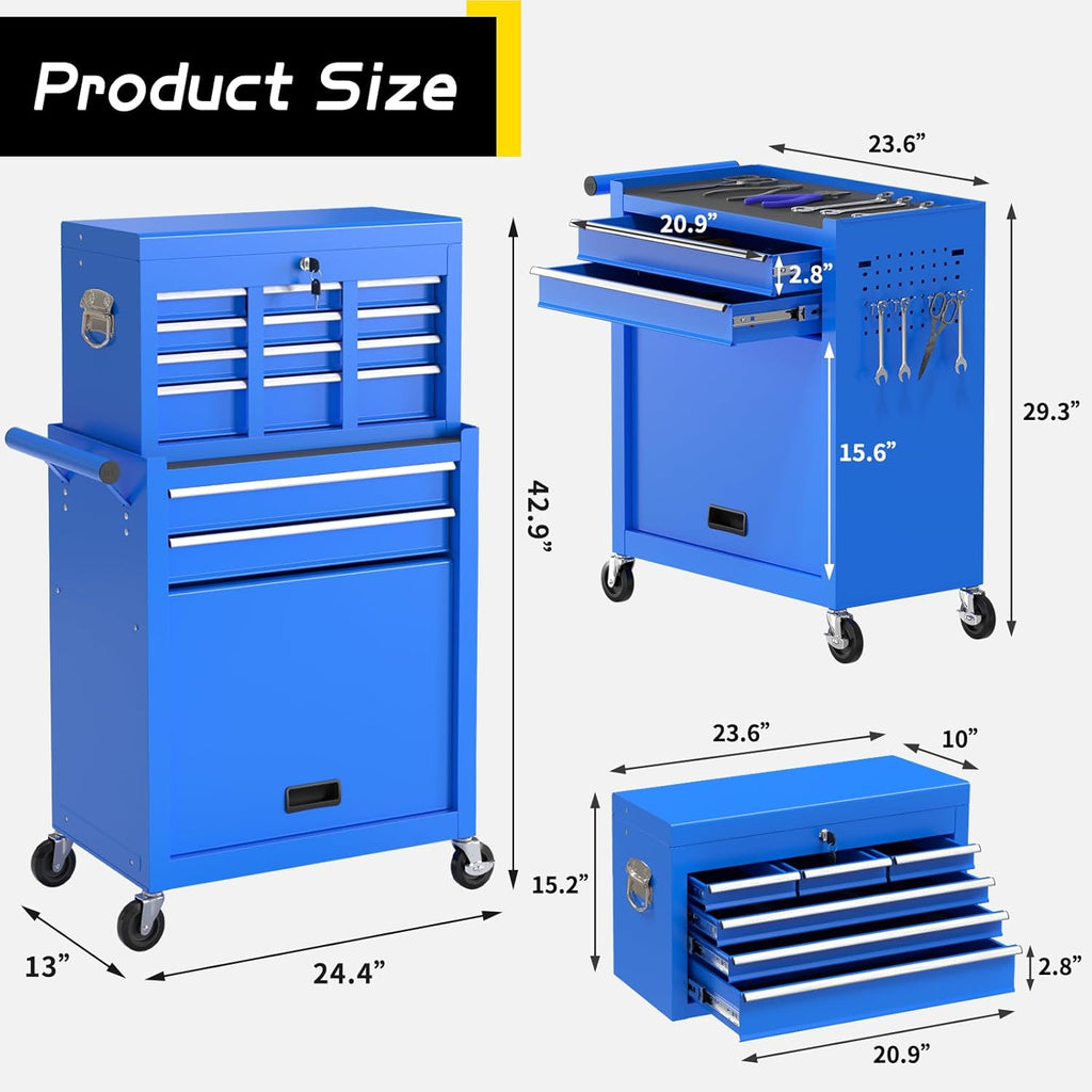 On Shine 8 Drawer Rolling Tool Chest, Large Capacity Rolling Tool Box with Wheels, Locking Mechanical Tool Chest, Portable Tool Box with Sliding Drawers for Garage Workshop and Tool Room (Blue)
