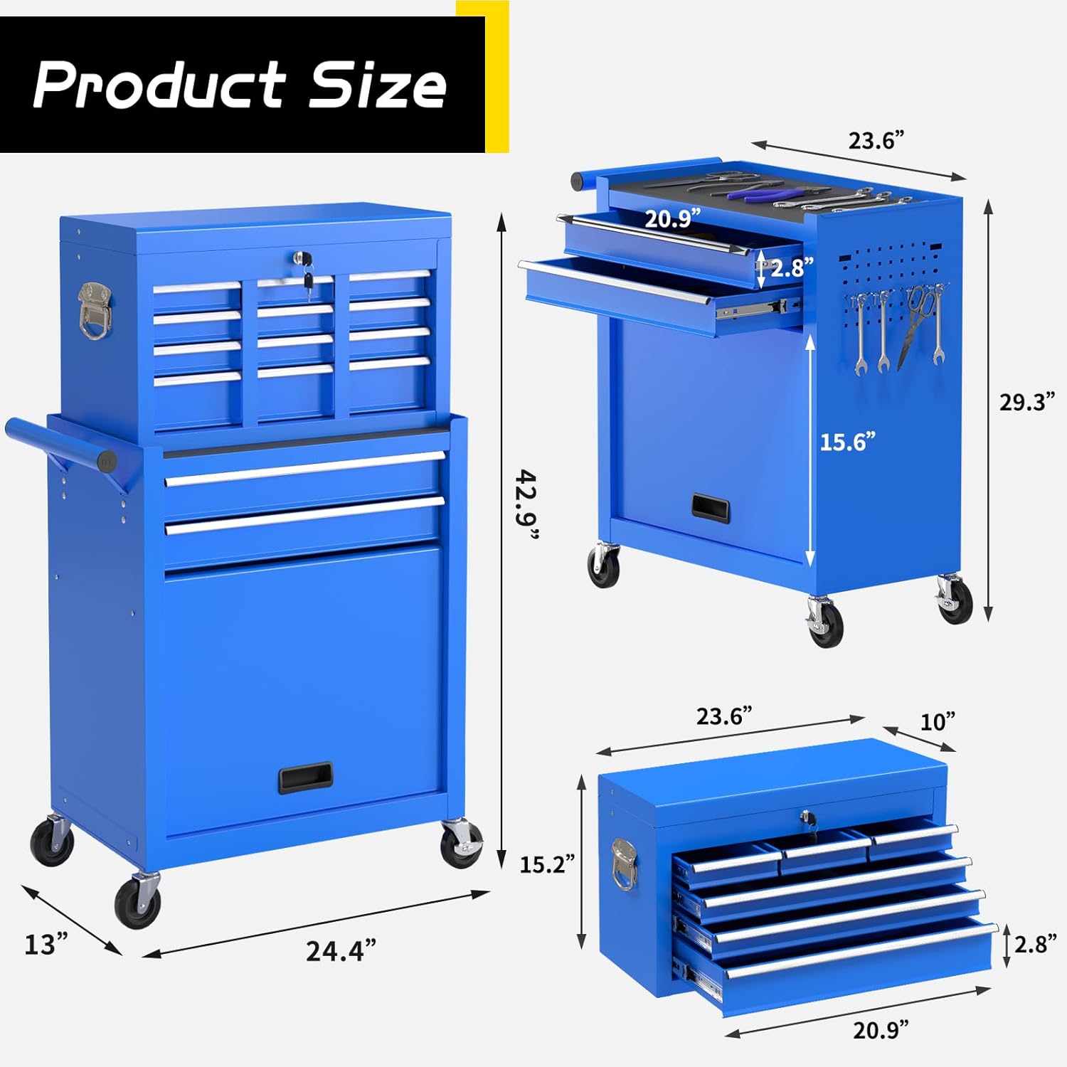 On Shine 8 Drawer Rolling Tool Chest, Large Capacity Rolling Tool Box with Wheels, Locking Mechanical Tool Chest, Portable Tool Box with Sliding Drawers for Garage Workshop and Tool Room (Blue)