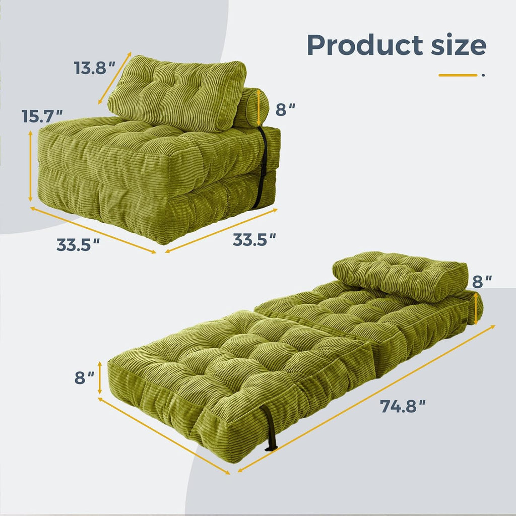 MAXYOYO Folding Sofa Bed, Convertible Sleeper Chair with Pillow Foldable Mattress with Back Support, Portable Fold Out Chair Bed Comfy Floor Sofa Lounge for Living Room Bedroom, Beige, Green