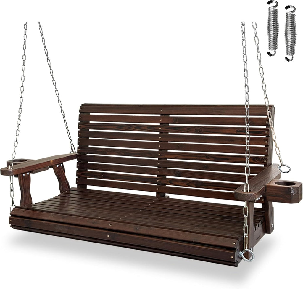 Wooden Porch Swing 2-Seater, High Backrest and Deep Seat, Bench Swing with Cupholders, Hanging Chains and 7mm Springs, Heavy Duty 880 LBS, for Outdoor Patio Garden (Deep Brown, 4 FT Extra Large)