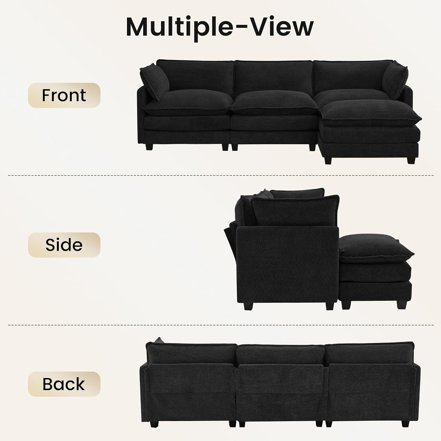 ROWHY Oversized Modular Sectional Couch with Movable Ottoman, 112' Modern Convertible L Shaped Sofa Set, 4 Seat Comfy Cloud Couch with 2 Throw Pillows, for Living Room and Office, Chenille, Black