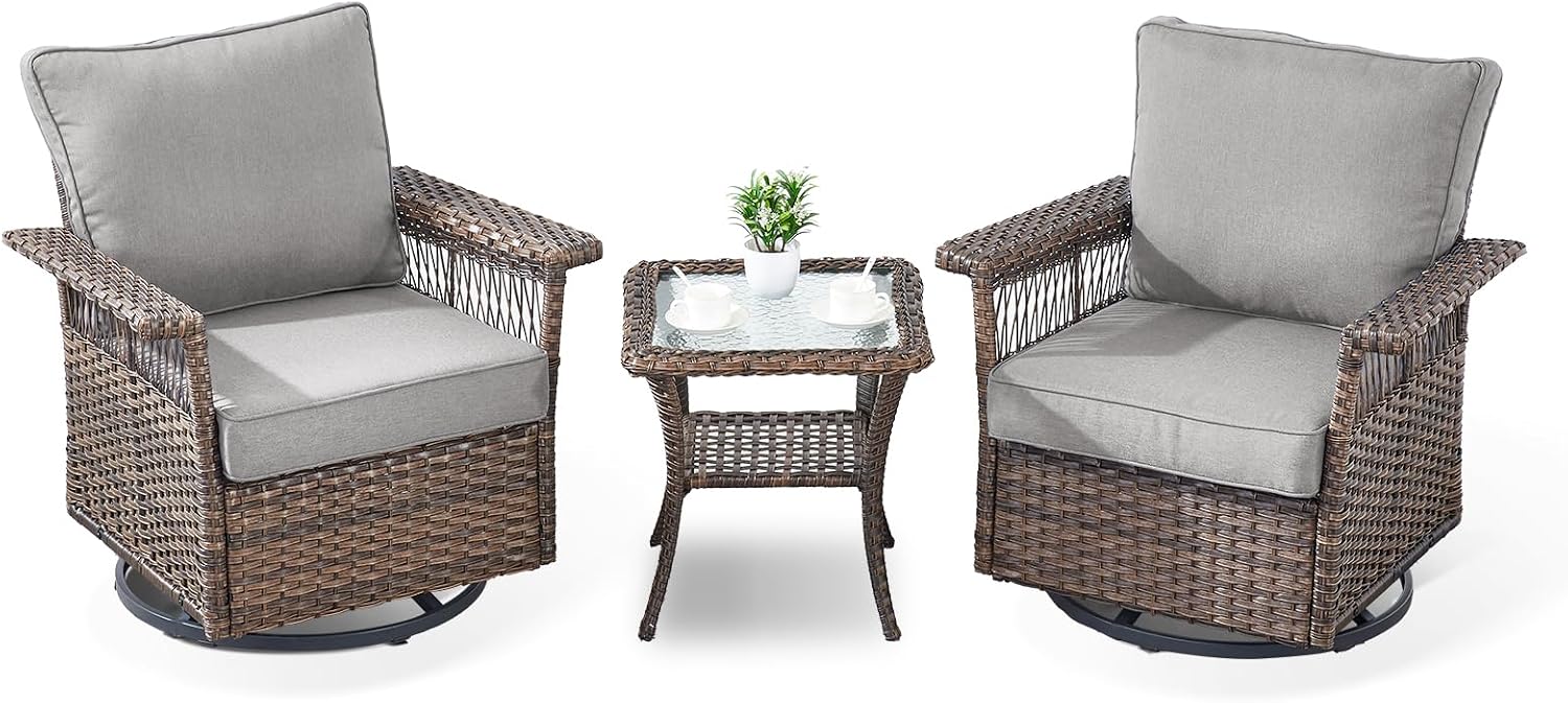Outdoor Patio Rocking Swivel Chairs - 3PC Wicker Patio Bistro Rocker Chair Set,Rattan Glider Chair with Sturdy Frame,All-Weather PE Wicker and Cushions,1 Side Table for Deck Porch Balcony(Brown/Grey)
