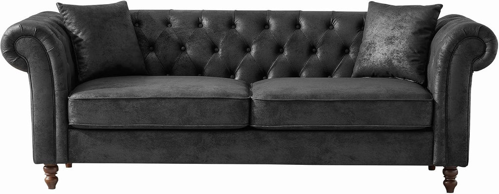 Air Leather Tufted Sofa Couch for Living Room, Rolled Arm 3-Seater Sofa Couch with 2 Pillows, Small Apartment Chesterfield Sofa