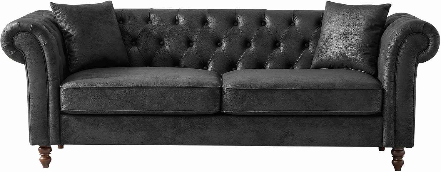 Air Leather Tufted Sofa Couch for Living Room, Rolled Arm 3-Seater Sofa Couch with 2 Pillows, Small Apartment Chesterfield Sofa