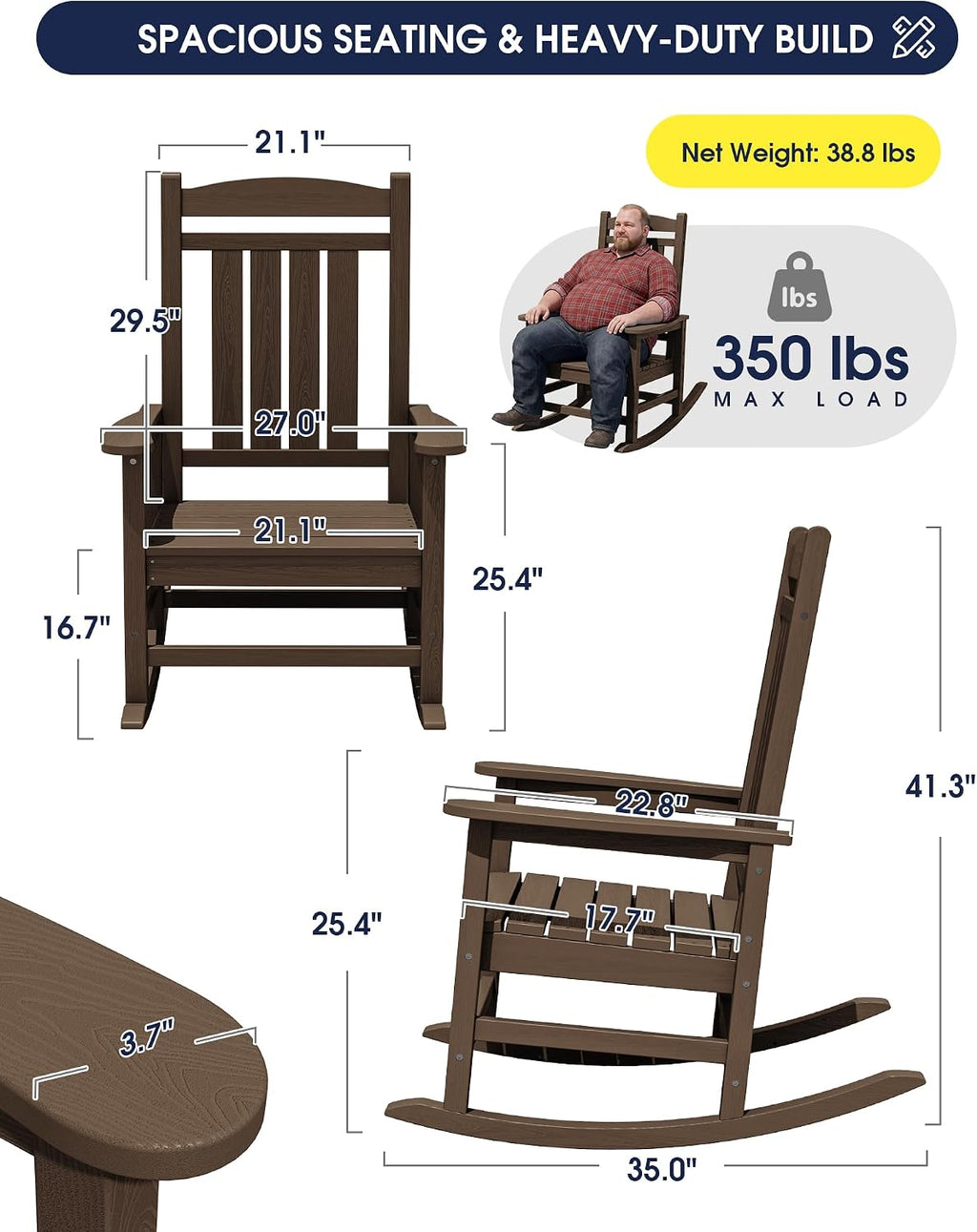KINGYES Oversized HDPE Rocking Chairs Outdoor, Patio Rocking Chairs with 330lbs Support, Smooth Porch Rocker for Deck Lawn Yard, Coffee Brown