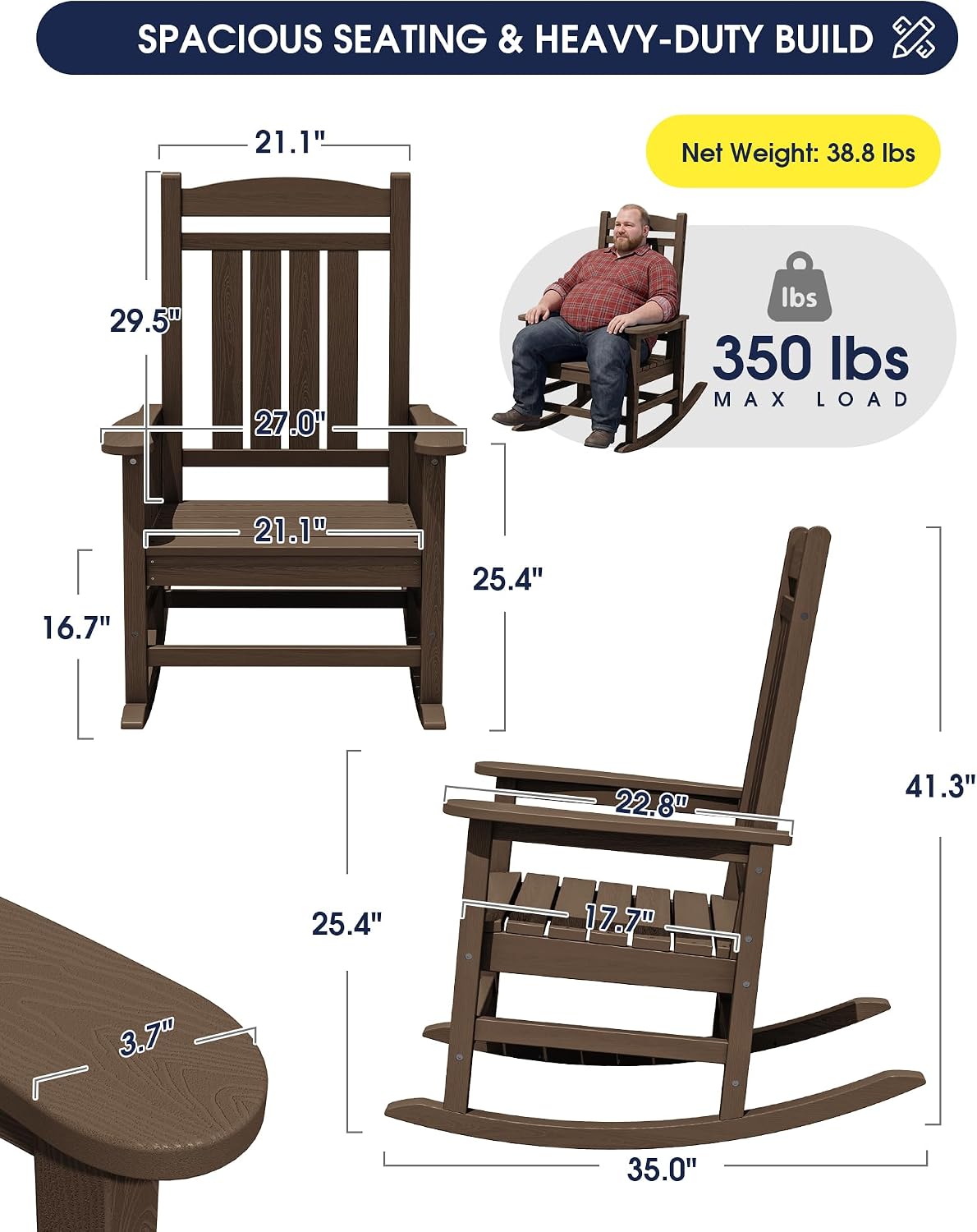 KINGYES Oversized HDPE Rocking Chairs Outdoor, Patio Rocking Chairs with 330lbs Support, Smooth Porch Rocker for Deck Lawn Yard, Coffee Brown