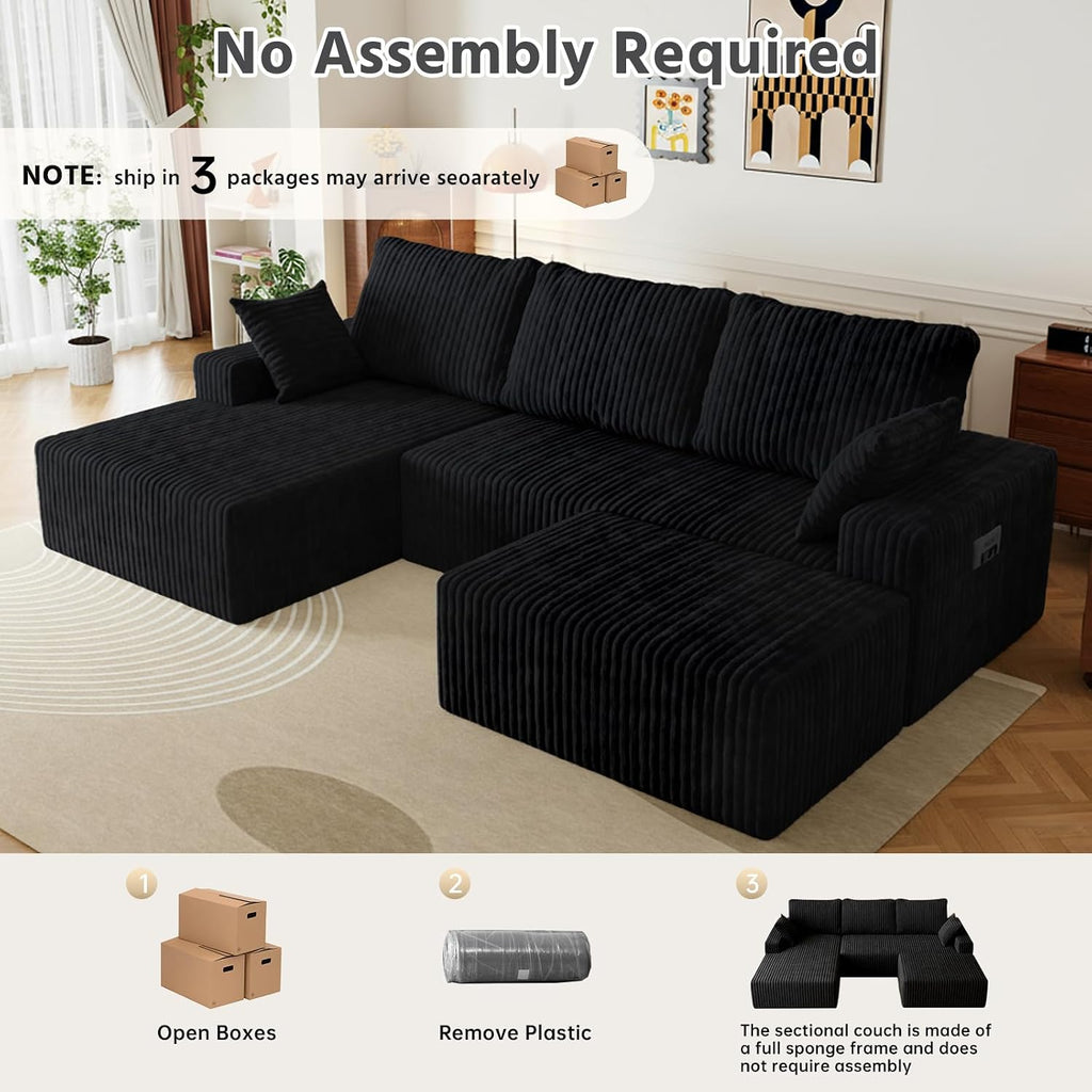 108' U-Shape Modular Sectional Cloud Couch with Ottoman, Deep Seat Boneless Couch with Oversized Chaise Lounge, Comfy Flannel Fabric Sofa for for Living Room Bedroom Apartment Game Room Basement