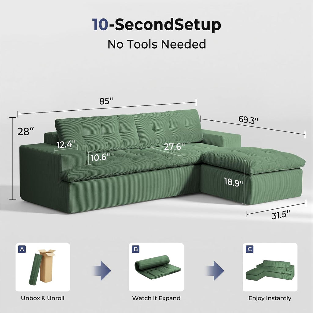 Cloud Sectional Boneless Sofa with Ottoman, Modular L Shaped Couch with Layered Cushion, Fluffy Comfy Couches for Living Room, No Assembly, Green