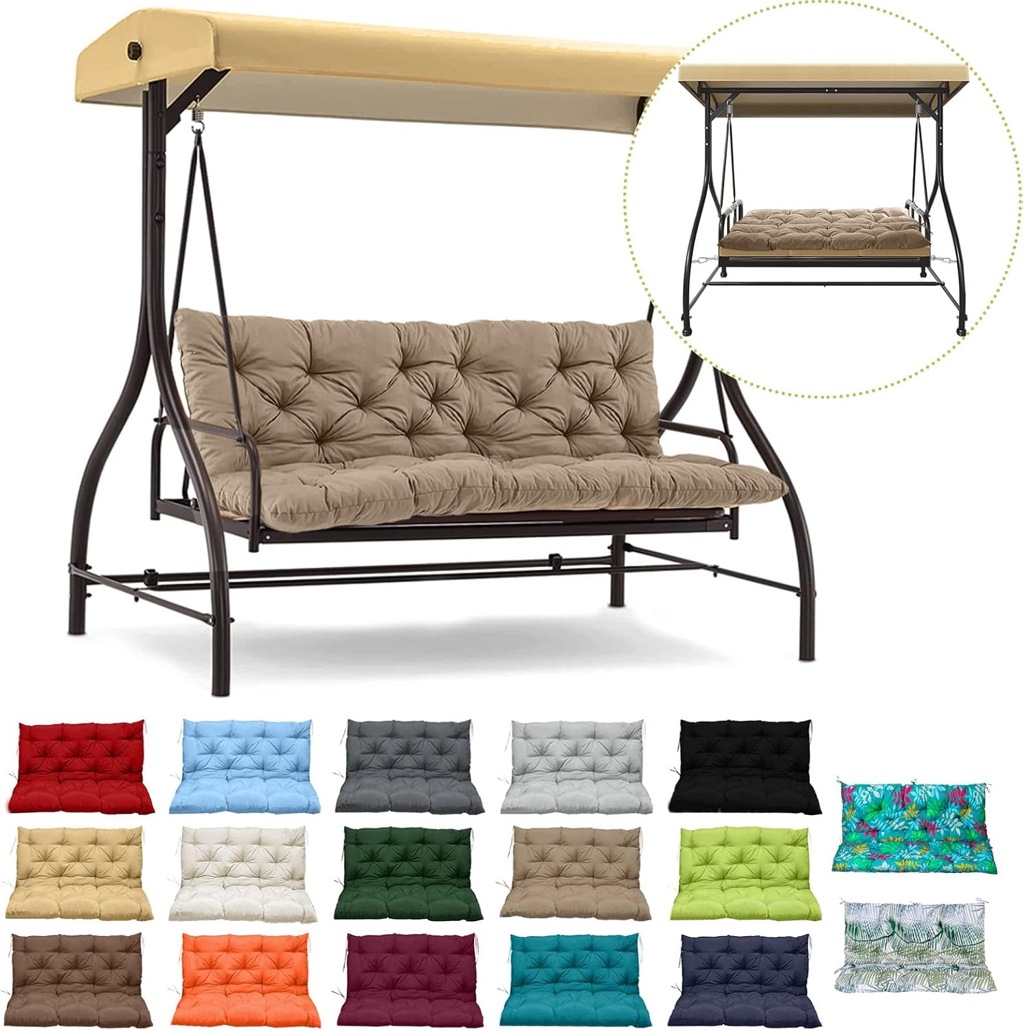 Waterproof Porch Swing Cushion Replacement, Thick 4' 2–3 Seat Outdoor Swing Seat Cushion with Backrest & Ties for Patio, Garden & Porch(Khaki 40 * 60 in)