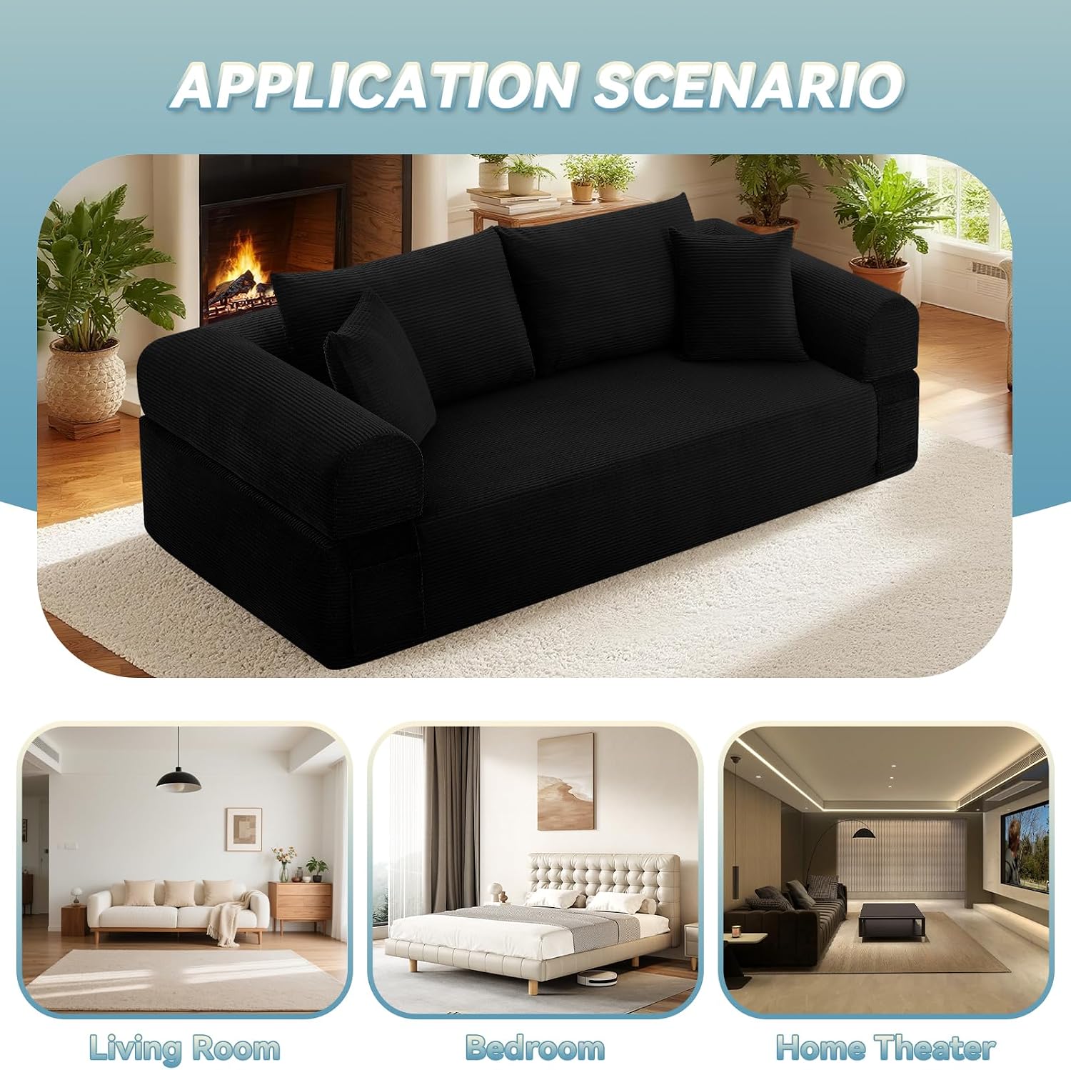3 Seater Sofa Couch for Living Room, Black, 38' D | 4 Pillows